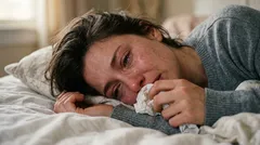 Žena s nádchou leží v posteli a fúka si nos do vreckovky