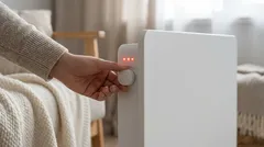 Žena zapína čističku vzduchu v spálni pri posteli